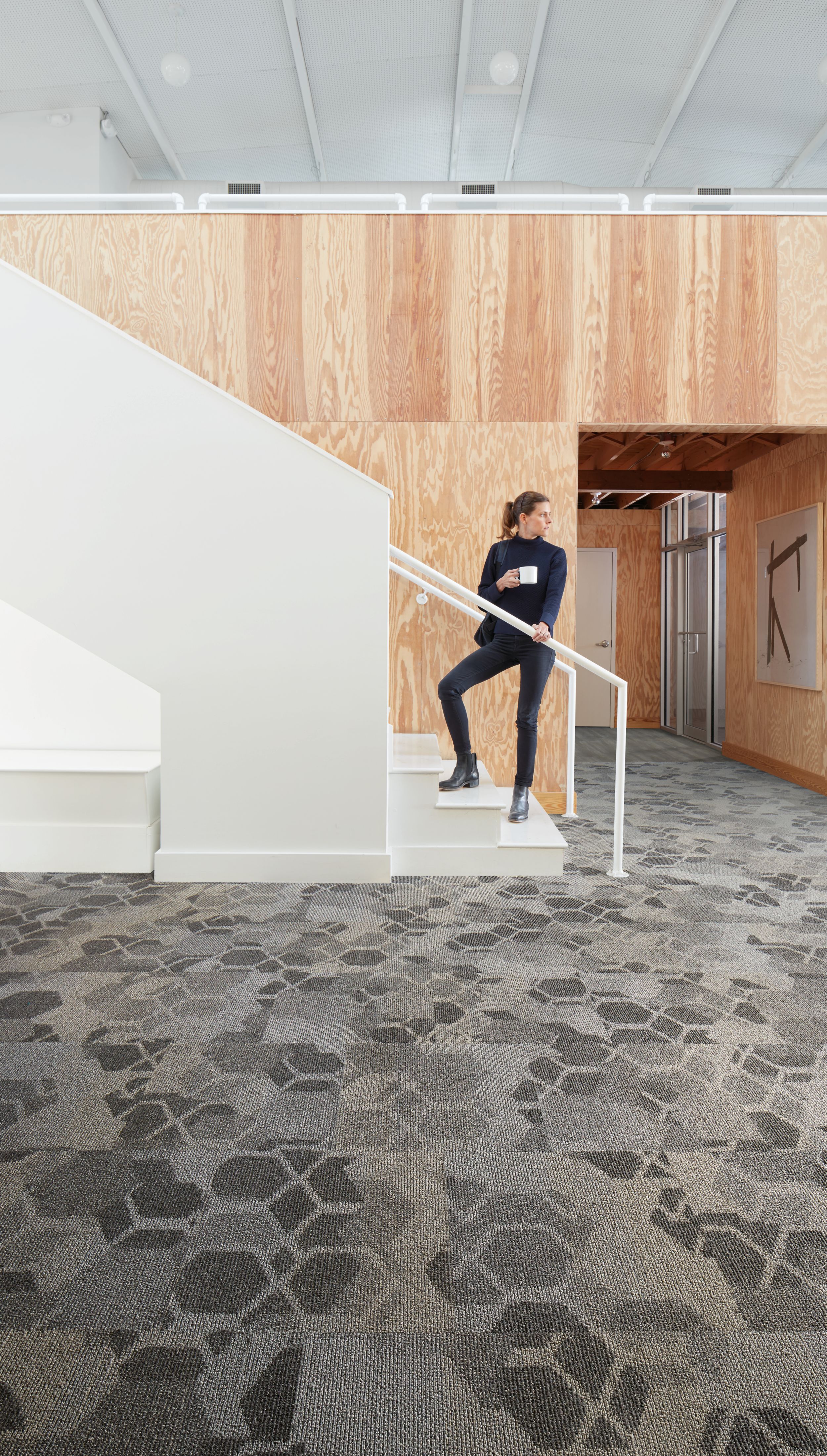 Interface Honey Don't carpet tiles with woman drinking coffee on open stairway image number 6